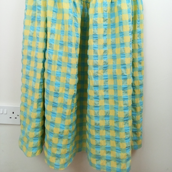 Zara Long Check Print Dress Panelled Puff Sleeve Green Yellow Blue - Medium - Picture 8 of 11